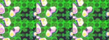 Tekstil için suluboya eskiz deseni. El çizimi çiçek çizimi deseni (fayans). Şirin çiçekleri, desenleri, yeşil ve gri renkleri olan renkli çizim deseni.