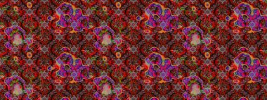 Suluboya çiçekli çiçek deseni. Raster illüstrasyonu. Kahverengi ve kırmızı renklerde Asya tekstili.