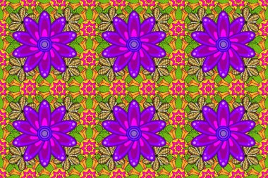 Arkaplan dokusu, duvar kağıdı, çiçek teması sarı, mor ve yeşil renkler. Soyut etnik raster kusursuz desen. Kabile sanatı boho baskısı, klasik çiçek arkaplanı.