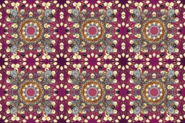 Paisleys zarif çiçek desenli arkaplan duvar kâğıdı çizimi. Klasik stil, güzel, modern, üç boyutlu sanat eseri, altın ve gri, bej ve mor desenli çiçek yaprakları ve süslemeleri var.