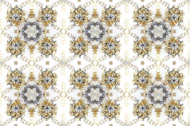 Raster illüstrasyonu. Raster altın desen. Doğu tarzı arabesk. Kusursuz altın desenli bukleler. Tarafsız, beyaz ve bej rengi altın elementlerle.