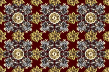 Tekrarlayan elementlerle soyut arkaplan oluşturun. Kahverengi, bej ve gri renklerde altın sarısı elementler. Raster illüstrasyonu. Kusursuz, klasik altın desen..