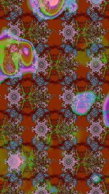 Raster. Kahverengi ve yeşil renkte güzel çiçekleri olan eskiz deseni, suluboya çiçek deseni, duvar kağıdı, kart veya kumaş için fayanslı..