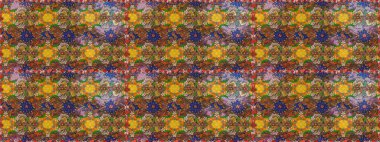 Eskiz arkaplan modeli. Yapraklı çiçekler ve kahverengi ve yeşil renklerde papatya çiçekleri. Raster - stok.