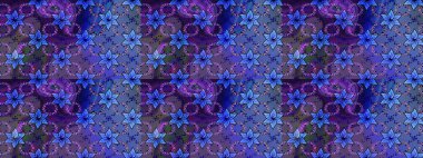 Çizim çiçek deseni duvar kâğıdı olarak kullanılabilir. Raster illüstrasyonu. Mavi ve mor renkte çiçekler.