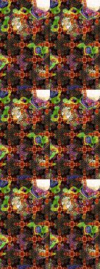 Raster illustration. In cute textile style on brown and black colors. Flowers wallpaper. Colorful sketch pattern. Floral background.