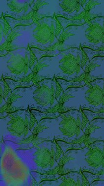 Yeşil ve mavi renkli etnik çiçekli zarif eskiz deseni. Raster Çiçek İllüstrasyonu güzel tekstil..