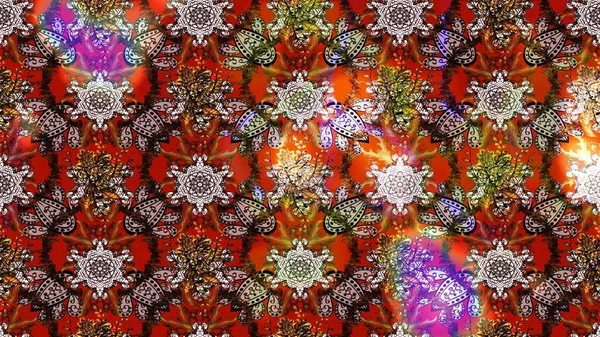 Üzerinde gelincikler ve vadi zambakları olan renkli çiçek desenli nakış deseni. Tekstil tasarımı için kırmızı ve kahverengi renkli geleneksel halk çiçekleri..