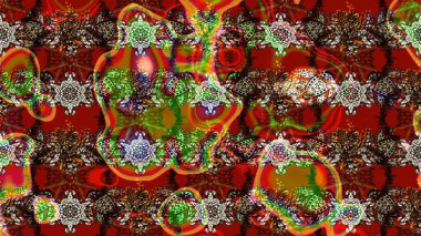 Parmak izi, kumaş, duvar kâğıdı, tekstil için raster dokusu. Renkli grunge, soyut arkaplanı kolonya ve kırmızı çiçeklerle süslüyor. Nakış desenli çiçek deseni..