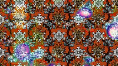 Raster illüstrasyonu. Kumaş, tekstil, duvar kağıdı baskısı için. Eskiz geçmişi. Eski usul. Renkli desenli eskiz deseni, kahverengi ve nötr çiçekler ve dekoratif elementlerle.