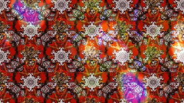 Üzerinde gelincikler ve vadi zambakları olan renkli çiçek desenli nakış deseni. Tekstil tasarımı için kırmızı ve kahverengi renkli geleneksel halk çiçekleri..