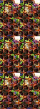 Raster illustration. In cute textile style on brown and black colors. Flowers wallpaper. Colorful sketch pattern. Floral background.