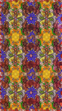 Suluboya elle çizilmiş çiçek desenli eskiz deseni. Parlak renkli fantezi çiçekleri, yapraklar, kahverengi renkli tomurcuklar, kahverengi.