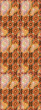 Duvar kâğıdı için altın süslü bir illüstrasyon. Süslü dantel. Turuncu ve kahverengi renkli geleneksel Arap dekoru. Çiçekli süslemeli, pürüzsüz bir desen. Doğu tarzında vintage tasarım ögesi.