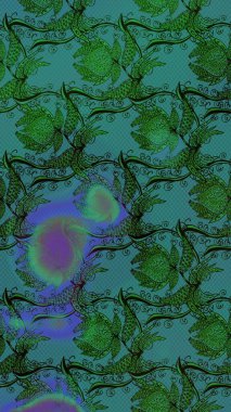 Çiçek buketleriyle klasik bir eskiz şekli. Yeşil ve mavi renklerde. Raster illüstrasyonu.