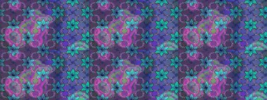 Raster düz çiçek çizim deseni. Mor ve mavi renkte çiçekler. Tasarım hediye paketi, tebrik kartları, posterler ve afiş tasarımı.