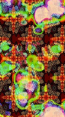 Kahverengi ve yeşil çiçekli eskiz deseni, suluboya çiçek deseni, sevimli çiçek, duvar kağıdı, kart veya kumaş için fayanslı. Raster - stok.