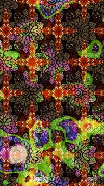 Raster illüstrasyonu. Kahverengi ve siyah renkli Asya tekstili. Çiçek desenini çiz.