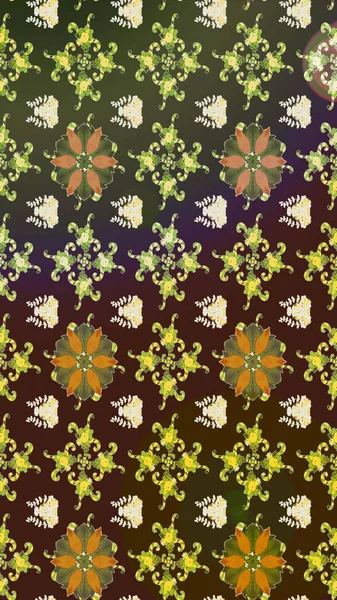 Raster illüstrasyonu. Şirin çiçekli eskiz deseni ve kahverengi ve yeşil renkli yapraklar, suluboya çiçek deseni, duvar kağıdı, kart veya kumaş için fayanslı.