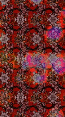 El çizimi çiçek çizimi deseni (fayans). Şirin çiçekli, desenli, kahverengi ve kırmızı renklerde renkli bir eskiz deseni. Tekstil için suluboya çizim deseni.