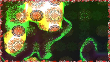 Ağaç dallı bahar çiçekleri ile desen, gri ve çiçek silueti ile yeşil renkler. Raster deseni.