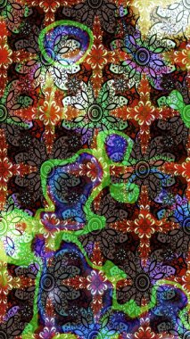 Renkli grunge, soyut arkaplanı, koyu kahverengi ve siyah çiçeklerle süslüyor. Nakış desenli çiçek deseni. İzler, kumaş, duvar kağıtları, tekstil için raster dokusu.