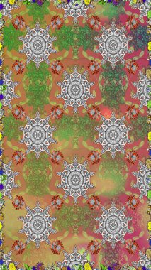 Kusursuz etnik tasarım. Yatak çarşafları, ceket, paket tasarımı, kumaş ve moda kavramları için tekstil baskısı. Çiçekleri, deniz kabukları, mandalaları ve suluboya efektleri olan deniz altyapısı.