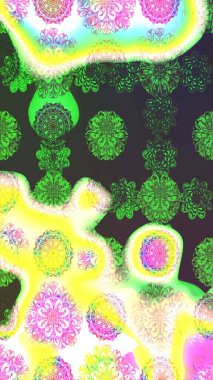 Raster illüstrasyonundaki çiçek desenli çizim. Yeşil ve sarı renkte çiçekler.