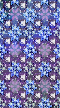 Mavi ve mor renkli çiçekler. Çiçekli karalama şeklinde Raster çiçek deseni. Nazik, narin çiçek arkaplanı.