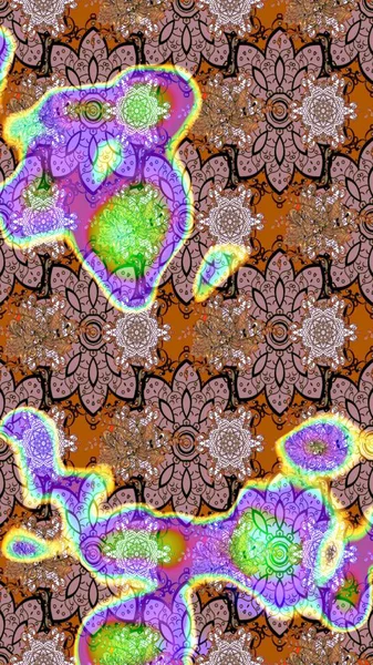 Tarafsız ve kahverengi renklerde yaprakları ve parlak çiçekleri olan harika bir çiçek deseni. Moda baskıları için zarif bir şablon. Modern çiçek arkaplanı. Halk stili.