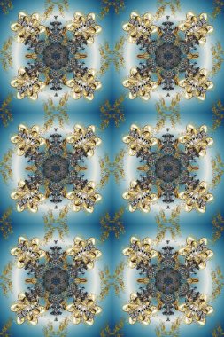 Geleneksel oryantasyon süsü. Mavi, gri ve nötr renklerde altın elementlerle kusursuz desen. Klasik klasik klasik arka plan. Klasik raster altın pürüzsüz desen.