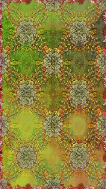 Raster çiçek izi. Raster Yumuşak kumaş deseni. Klasik taslak çizimi. Çiçek yeşili ve kahverengi desenli..