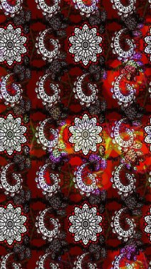 Çiçek desenli çizim. Raster illüstrasyonu. Asya tekstil tarzında. Raster illüstrasyonu. Siyah ve kahverengi renkte çiçekler.