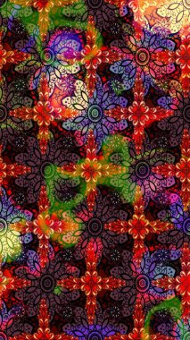 Raster Modaya uygun kumaş deseni. Siyah ve kahverengi renkli şirin çiçek desenleri. Renkli Bahar Teması eskiz kalıbı. Düz Çiçek Elementleri Tasarımı.