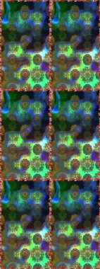 Raster Floral Illustration, Asyalı tekstil. Yeşil ve mavi renkte etnik çiçeklerle kusursuz bir desen..