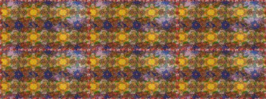 Raster - stok. Yapraklı çiçekler ve kahverengi ve yeşil renklerde papatya çiçekleri. Taslak arkaplan deseni.