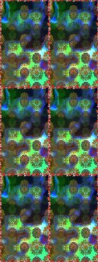 Raster Floral Illustration, Asyalı tekstil. Yeşil ve mavi renkte etnik çiçeklerle kusursuz bir desen..