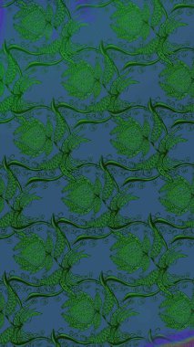 Raster deseni. Bahar çiçekleri dallı desen, yeşil ve mavi renkler çiçekli siluet.