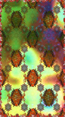 Raster illüstrasyonunda kusursuz çiçek deseni. Düz Çiçek Elementleri Tasarımı. Yeşil ve kahverengi renkli çiçekler. Renkli Bahar Teması Kusursuz Arkaplan.