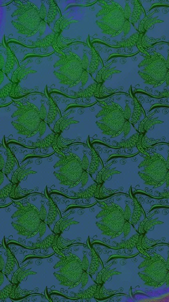 Raster deseni. Bahar çiçekleri dallı desen, yeşil ve mavi renkler çiçekli siluet.