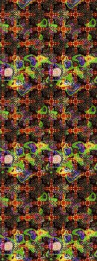 Çiçek desenli çizim. Kahverengi ve siyah renkli Asya tekstili. Raster illüstrasyonu.