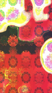 Raster Floral Illustration, Asyalı tekstil. Pembe ve turuncu renkte etnik çiçeklerle süslenmiş zarif bir eskiz..