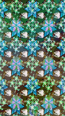 Hediye ambalaj kağıdı, tebrik kartları, posterler ve pankart tasarımı. Yeşil ve mavi renkte çiçekler. Raster düz çiçek çizim deseni.