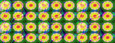 Yeşil ve sarı çiçekli eskiz deseni, suluboya çiçek deseni, sevimli çiçek, duvar kağıdı, kart veya kumaş için fayanslı. Raster - stok.