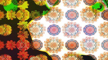 Raster illüstrasyonu. Beyaz ve kahverengi renkli Asya tekstili. Suluboya çiçekli çiçek deseni.