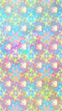 Raster illüstrasyonu. Kumaş, tekstil, duvar kağıdı baskısı için. Eskiz geçmişi. Renkli desenli eskiz deseni nötr ve mavi çiçekler ve dekoratif elementler. Antika retro tarzı.