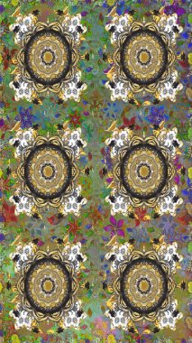 Kusursuz kıvırcık saçlar. Raster altın desen. Doğulu stil altın deseni altın elementlerle gri ve kahverengi renklerle donatır..