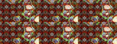 Nakış desenli çiçek deseni. Renkli grunge, soyut arkaplanı kolonya ve kırmızı çiçeklerle süslüyor. İzler, kumaş, duvar kağıtları, tekstil için raster dokusu.