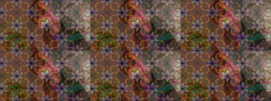 Çiçek ve yapraklı karalama şeklinde Raster çiçek deseni. Raster illüstrasyonu. Nazikçe, bahar çiçekleri kahverengi ve gri renklerde.