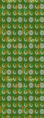 Halk tarzı. Modern çiçek arkaplanı. Parlak renkli çiçekleri ve yeşil ve kahverengi renkte yaprakları olan harika bir çiçek deseni. Moda baskıları için zarif bir şablon.